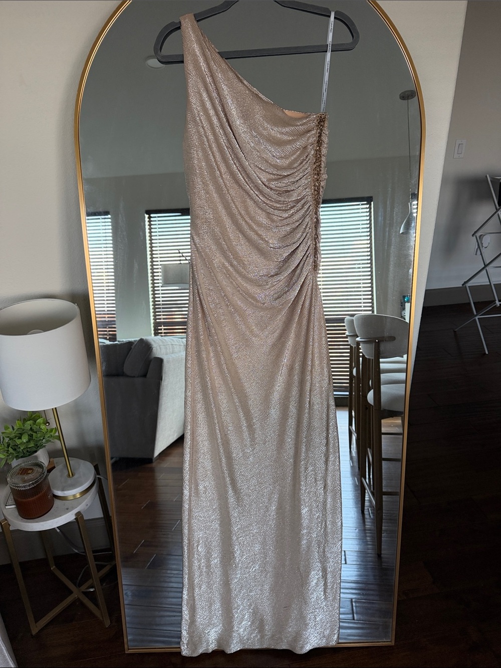 Calvin Klein One-Shoulder Shimmery Champagne Gown
